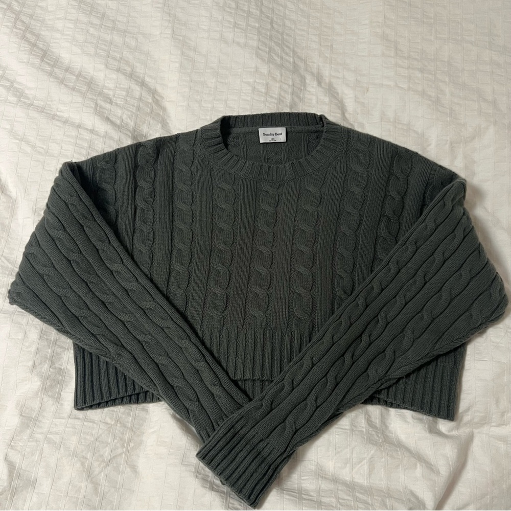 Aritzia Sunday Best Peggy Cropped Boxy Cableknit Olive Green Wool Blend Sweater